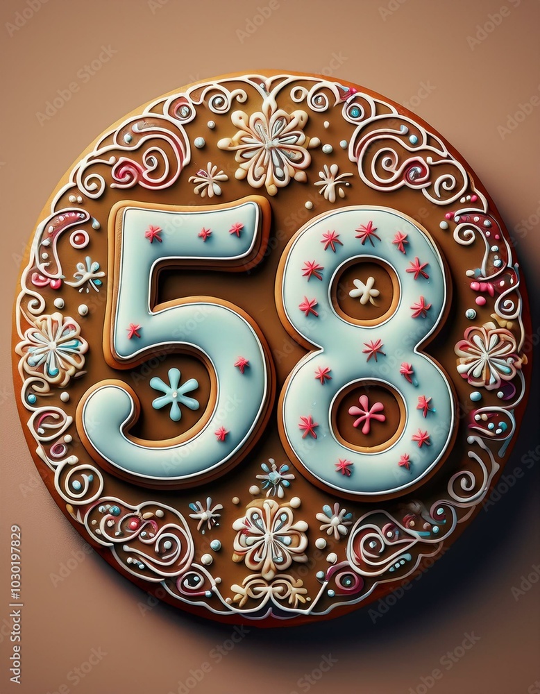 Decorated cookie, number 58, illustration for birthday or anniversary celebration Decorated cookie, number 58, illustration for birthday or anniversary celebration