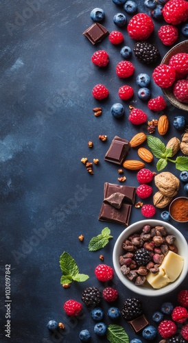 A colorful arrangement of fresh berries, nuts, and chocolate on a textured da...