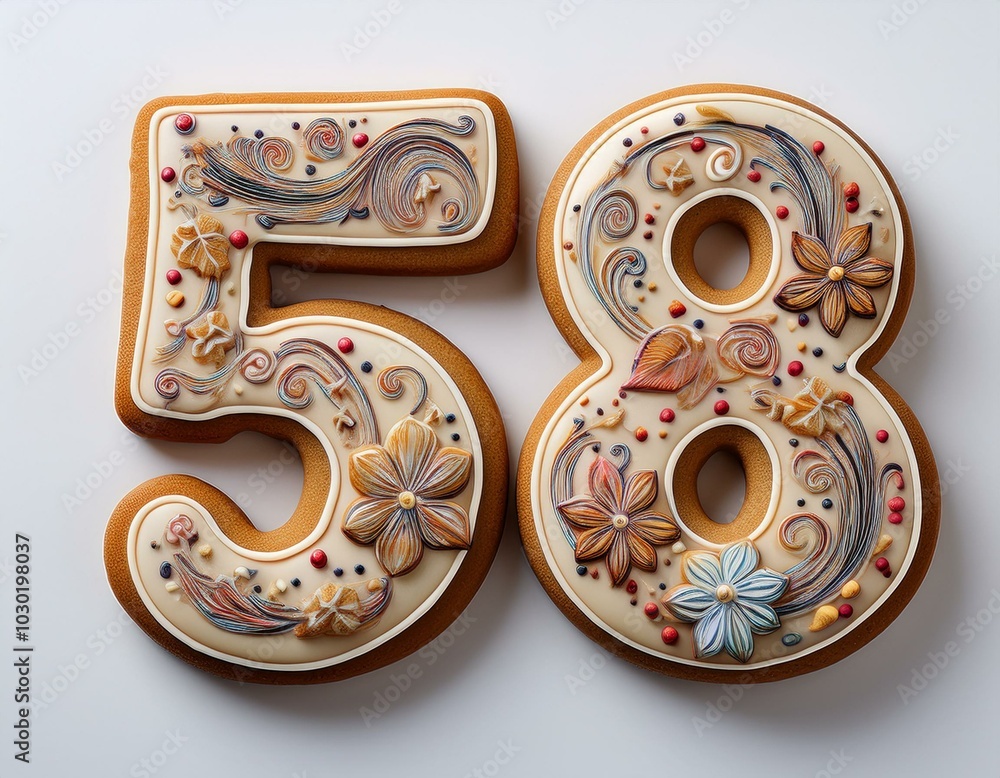 Decorated cookie, number 58, illustration for birthday or anniversary celebration Decorated cookie, number 58, illustration for birthday or anniversary celebration