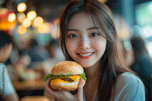 Smiling Asian Woman Enjoying Fast Food Meal