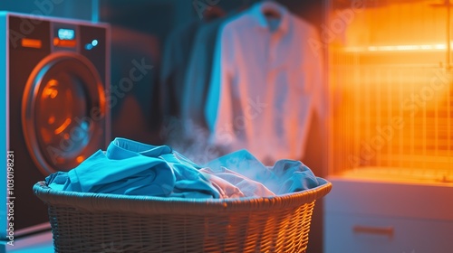 Freshly steamed clothes in a basket next to a modern washing machine in a warmly lit laundry room. photo