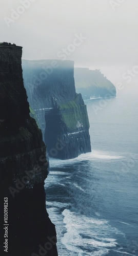 Rugged cliffs meet turbulent waves on a misty day at the shoreline