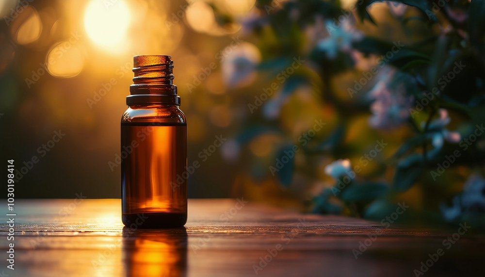 Clear liquid or essential oil in a brown bottle on the table with copyspace Clear liquid or essential oil in a brown bottle on the table with copyspace
