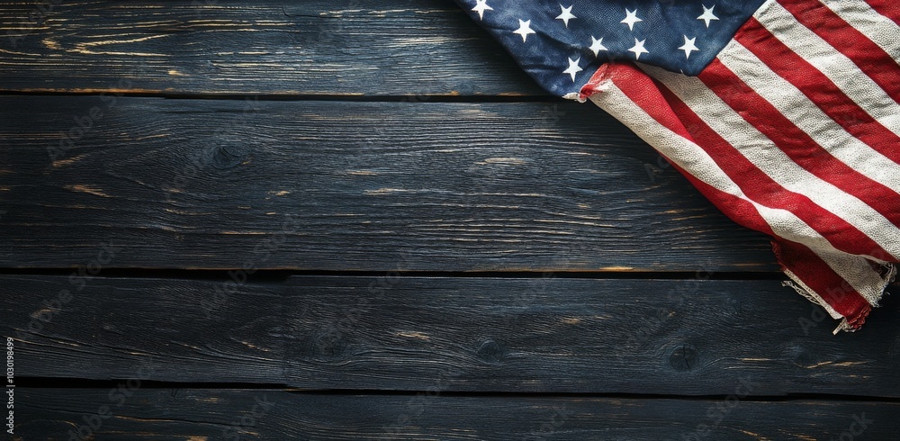 Obraz premium American flag draped on rustic wooden table background during a quiet moment of reflection