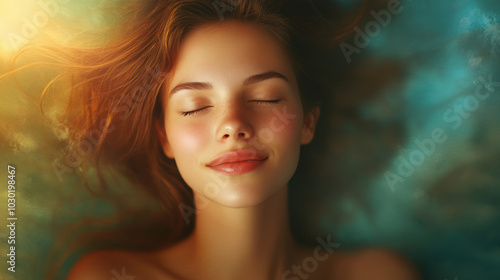 A woman with a serene smile, eyes closed in peace