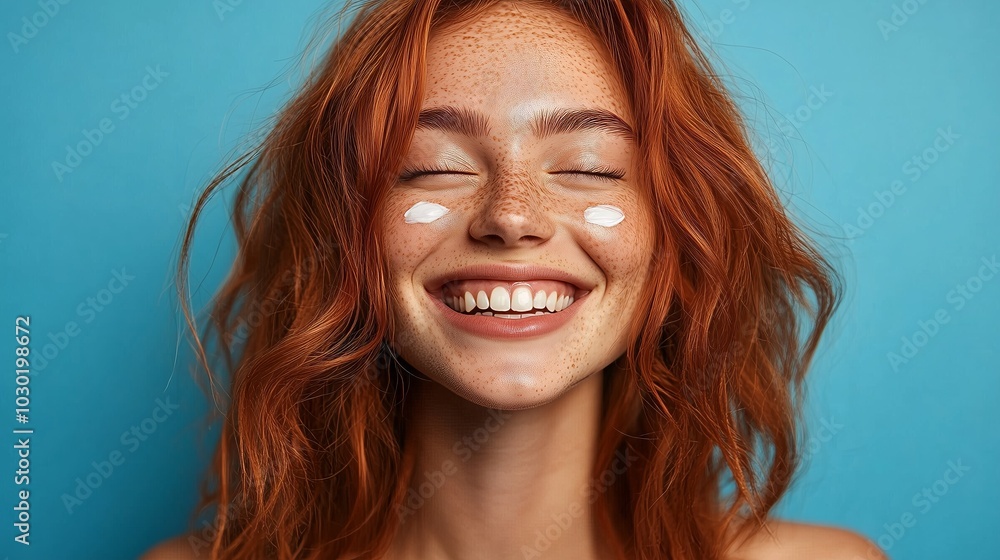 Red-haired woman smiling with eyes closed, showing freckles and skincare cream on cheeks, against a blue background. Red-haired woman smiling with eyes closed, showing freckles and skincare cream on cheeks, against a blue background.