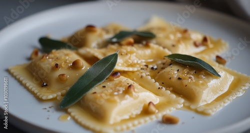 Delicious homemade ravioli topped with pine nuts and sage on a white plate