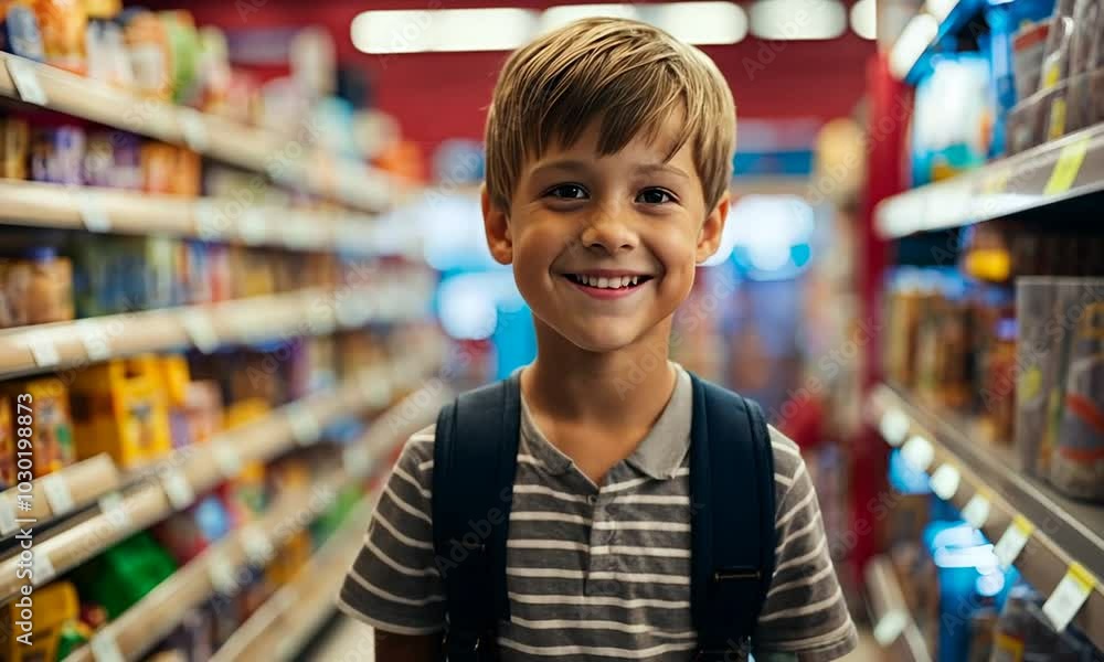 Happy boy standing in toy store Happy boy standing in toy store