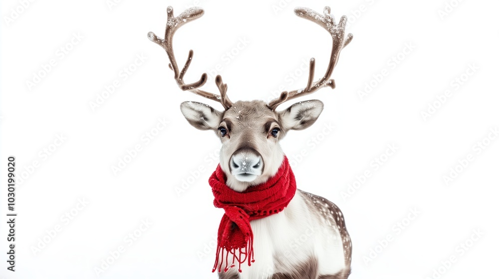 A charming reindeer wearing a bright red scarf, perfect for winter and holiday themes, set against a white background. A charming reindeer wearing a bright red scarf, perfect for winter and holiday themes, set against a white background.