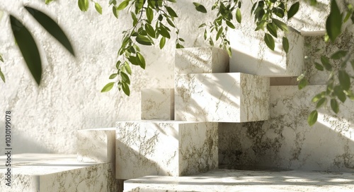 Marble steps illuminated by soft sunlight with green leaves in a serene indoo...