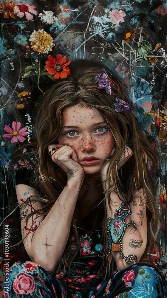 Portrait of a Young Woman with Flowers and Butterflies Portrait of a Young Woman with Flowers and Butterflies