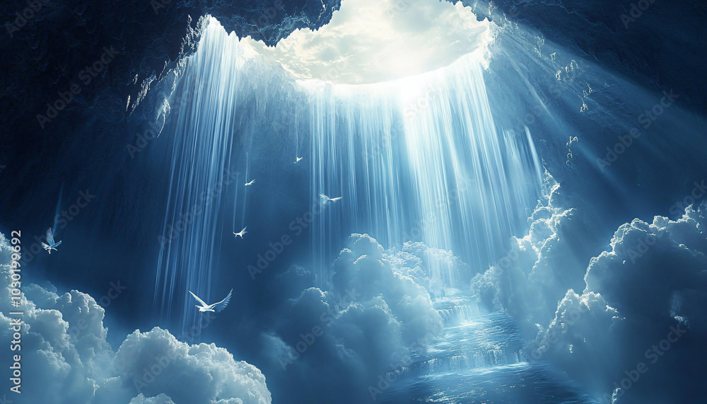 A massive cave suspended high in the atmosphere, filled with floating pools of crystal-clear water A massive cave suspended high in the atmosphere, filled with floating pools of crystal-clear water