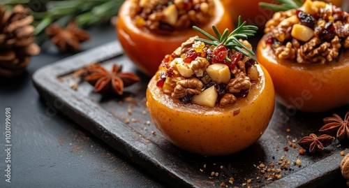 Delicious baked apples filled with nuts and spices on a dark wooden table