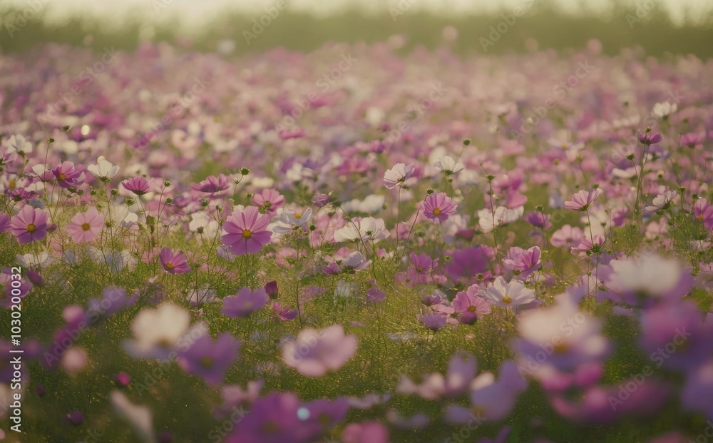 Vibrant field of blooming purple and white flowers swaying gently in the breeze at sunset Vibrant field of blooming purple and white flowers swaying gently in the breeze at sunset