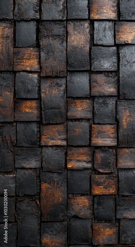 Textured wall of dark stone bricks with warm undertones in natural sunlight