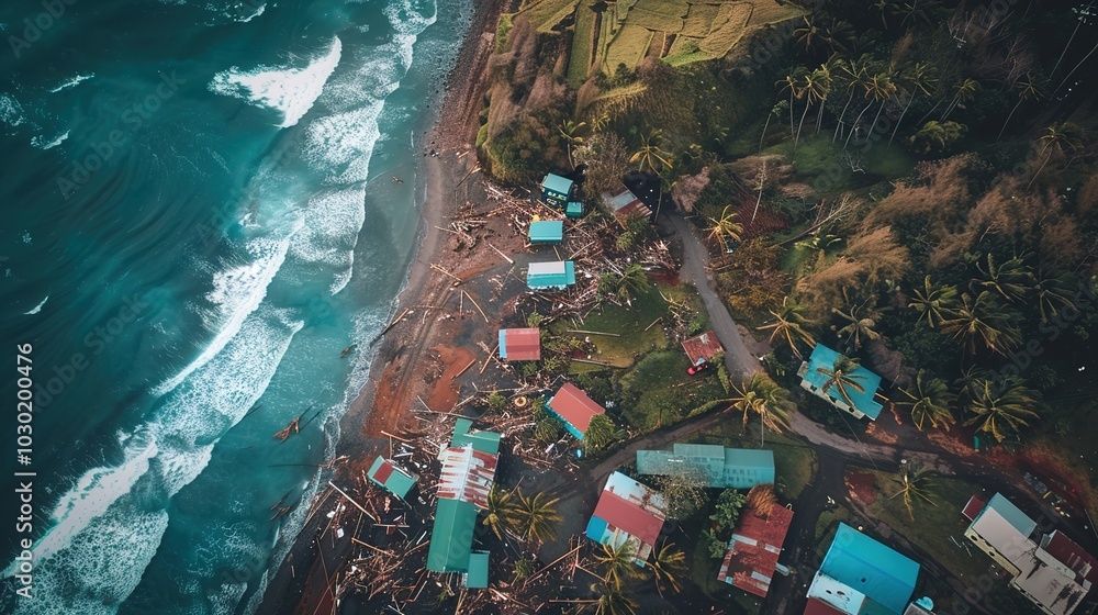 Hurricanes. Leave Aerial Vista of a Hurricane-Ravaged Coastal Town: Uprooted Trees ...