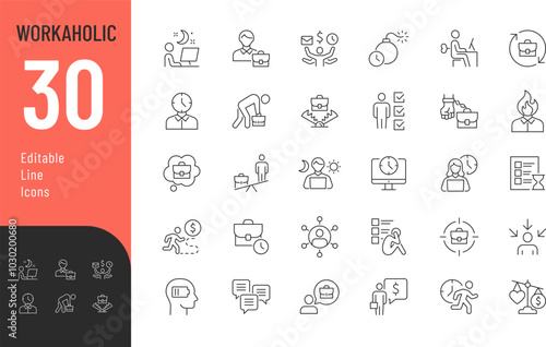 Workaholic line Editable Icons set. Vector illustration in modern thin line style of work related icons: hobby, meditation, spa, and more. Pictograms and infographics for mobile apps
