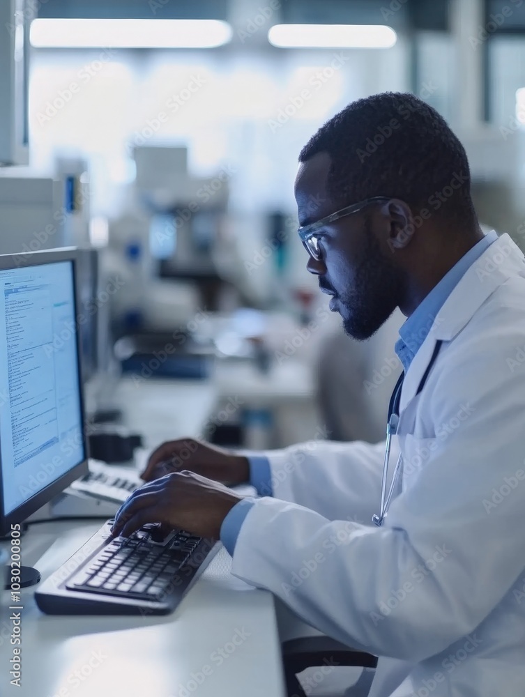 Doctor Typing on Computer in Modern Office Setting