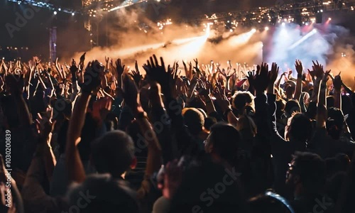  Many people were busy raising their hands. The crowd of fans waved. Epic live music concert atmosphere