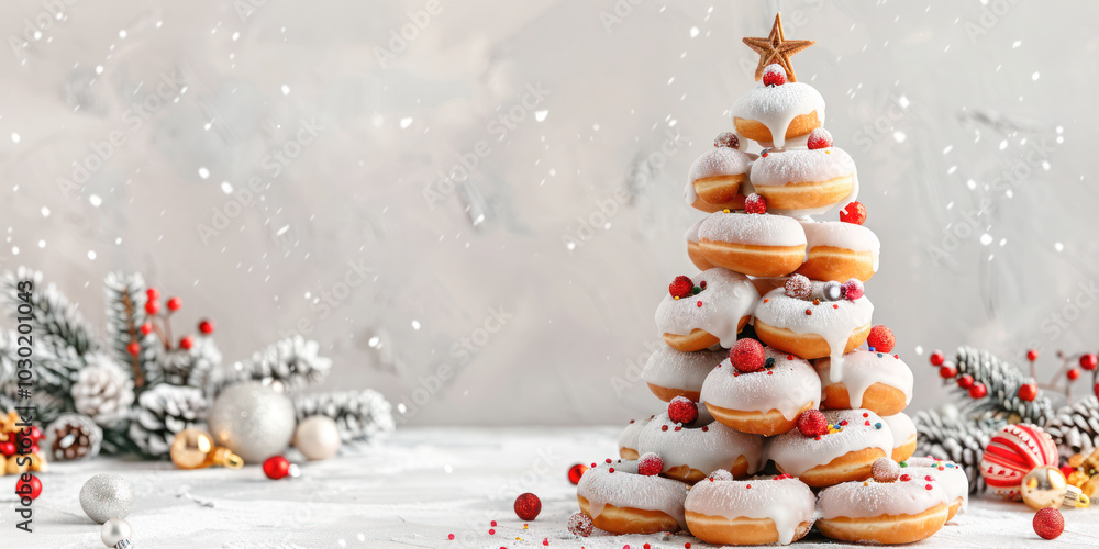 Φωτογραφία Christmas tree made of stacked donuts with white icing, sprinkles, and a star topper, festive winter dessert concept