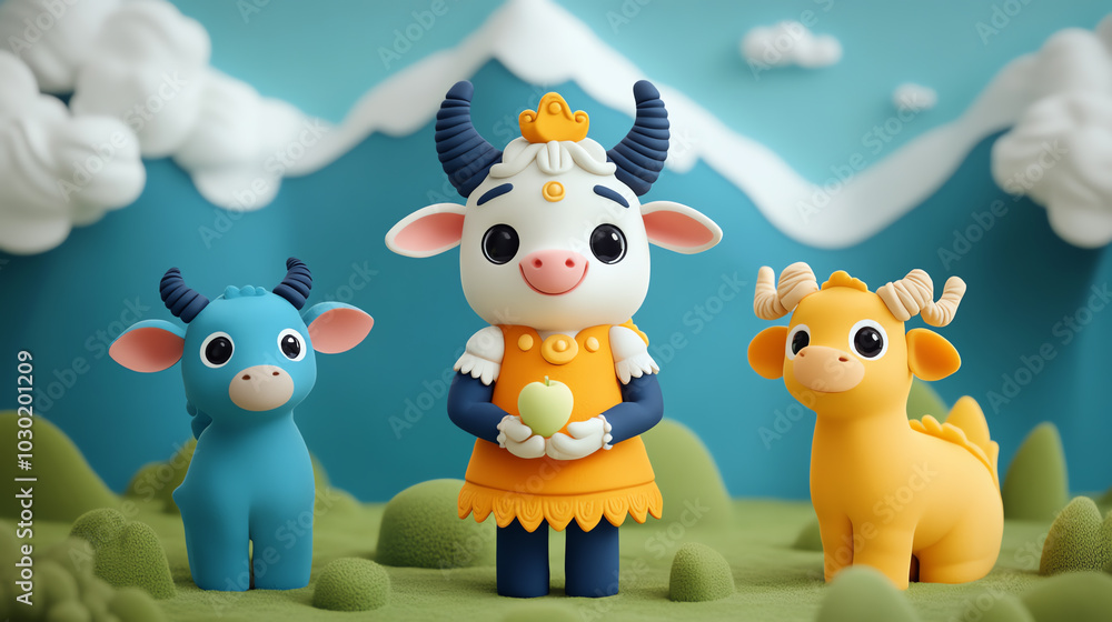 Naklejka premium Three playful, colorful animal figurines in a whimsical landscape, featuring a cow, a blue calf, and a yellow deer against a bright, cheerful background.