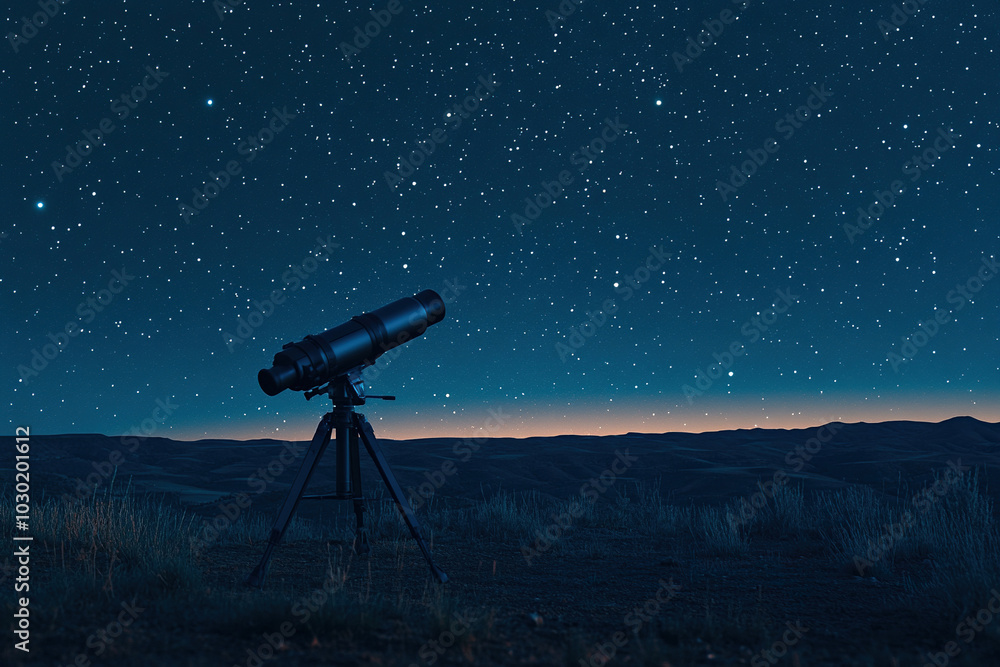 A telescope stands in an open area on a dark starry night. Generated by artificial intelligence A telescope stands in an open area on a dark starry night. Generated by artificial intelligence
