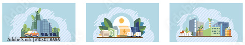 Sustainability concept. A triptych showcasing green building practices, renewable energy sources, and eco-friendly urban planning. Ideal for clean energy, eco-architecture, urban planning