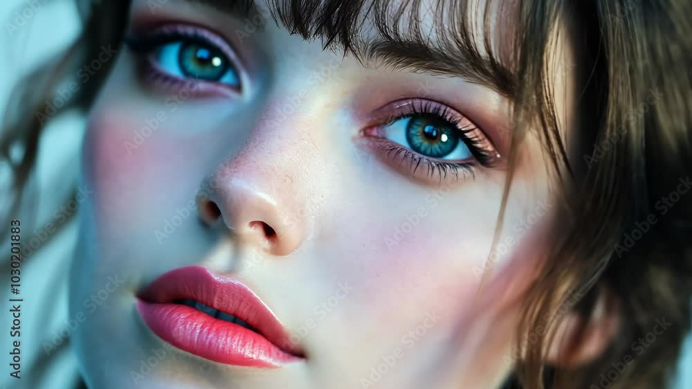 A close-up of a woman with blue eyes and pink lips, her face illuminated by a soft light A close-up of a woman with blue eyes and pink lips, her face illuminated by a soft light