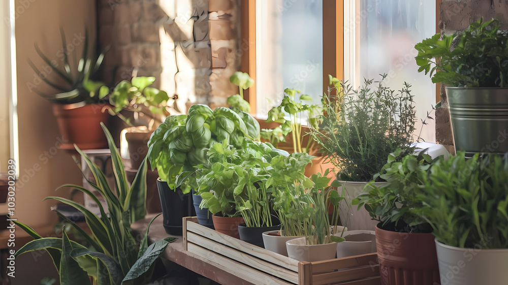 Lush indoor garden featuring various potted herbs and plants basking in natural light by a sunny window. Perfect for home decor. Lush indoor garden featuring various potted herbs and plants basking in natural light by a sunny window. Perfect for home decor.