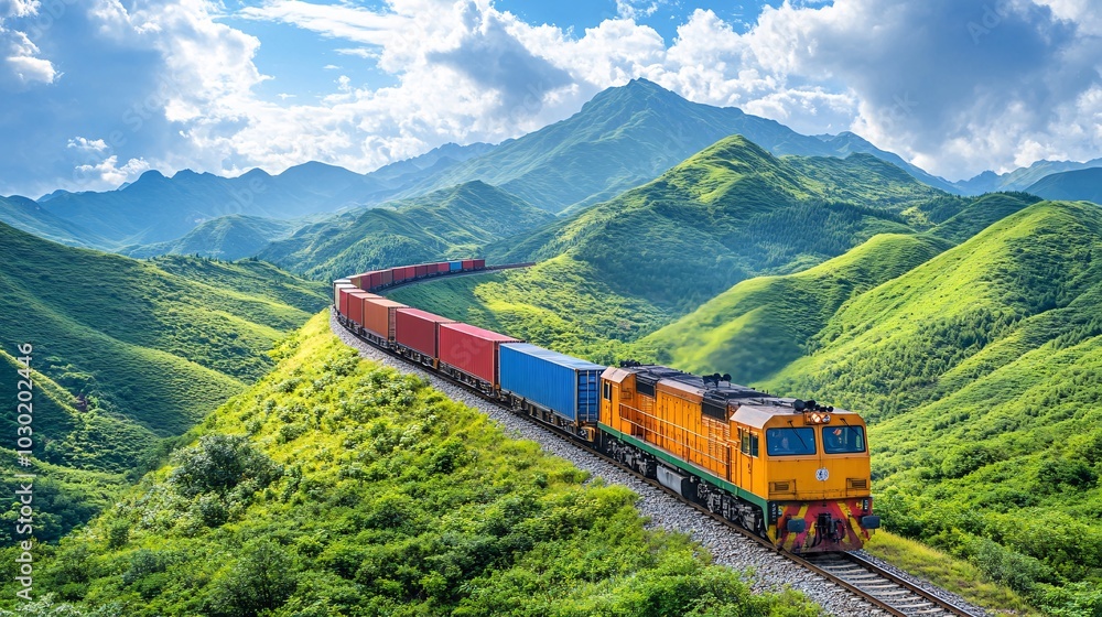 Freight train loaded with containers moving through a rural landscape on its way to the city Stock Photo with side copy space Freight train loaded with containers moving through a rural landscape on its way to the city Stock Photo with side copy space