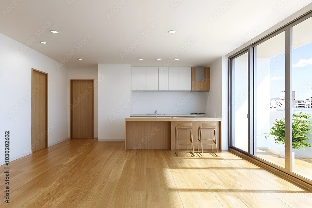 Bright and Spacious Modern Minimalist Apartment Interior with Wooden Flooring and Large Window Bright and Spacious Modern Minimalist Apartment Interior with Wooden Flooring and Large Window