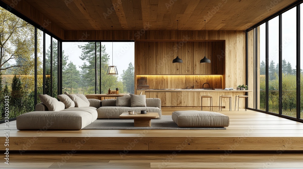 Minimalist living room with wood flooring and bookshelf featuring a L-shaped sofa Minimalist living room with wood flooring and bookshelf featuring a L-shaped sofa