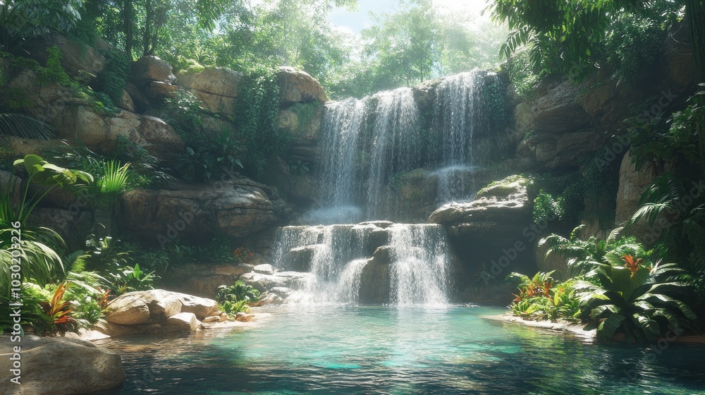 A cascading waterfall tumbles over moss-covered rocks into a tranquil pool surrounded by lush greenery in a vibrant jungle setting. A cascading waterfall tumbles over moss-covered rocks into a tranquil pool surrounded by lush greenery in a vibrant jungle setting.