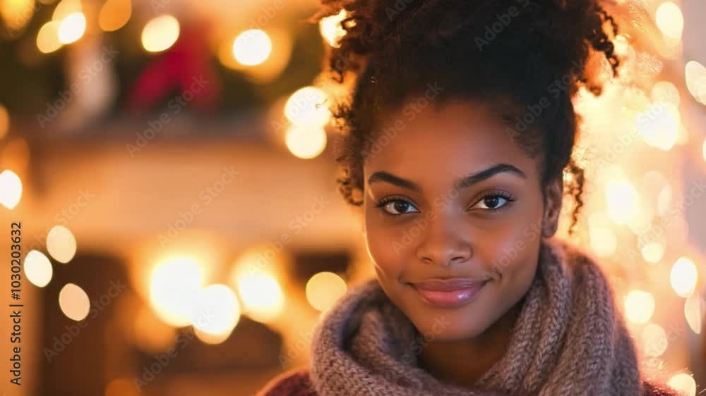 A young black woman smiles in a cozy Christmas setting, adorned with festive decorations during the holiday season A young black woman smiles in a cozy Christmas setting, adorned with festive decorations during the holiday season