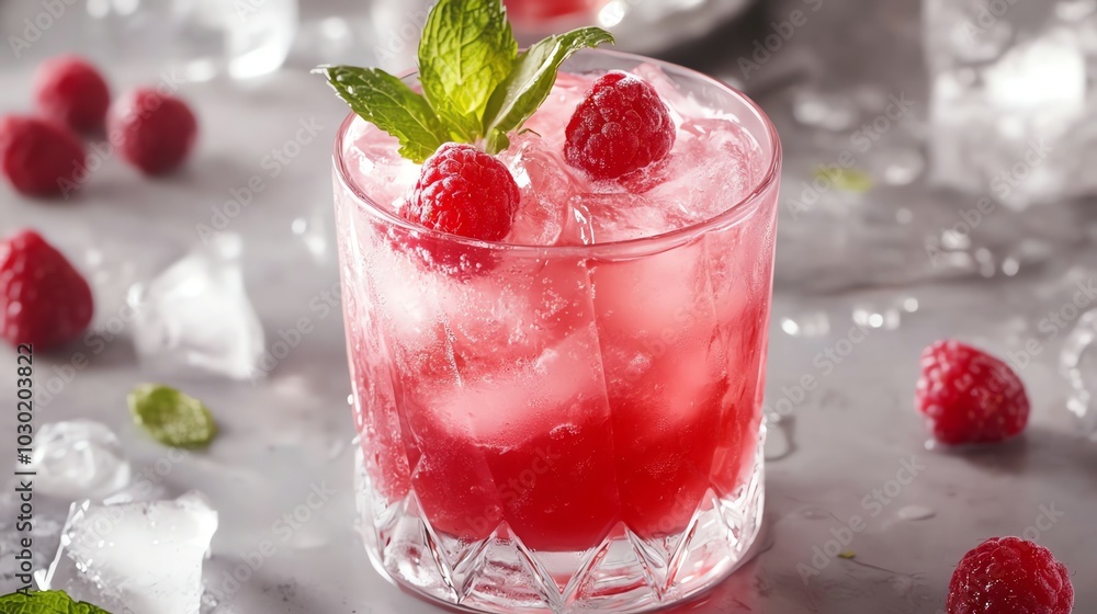 A refreshing pink cocktail with raspberries and mint in a glass with ice. A refreshing pink cocktail with raspberries and mint in a glass with ice.