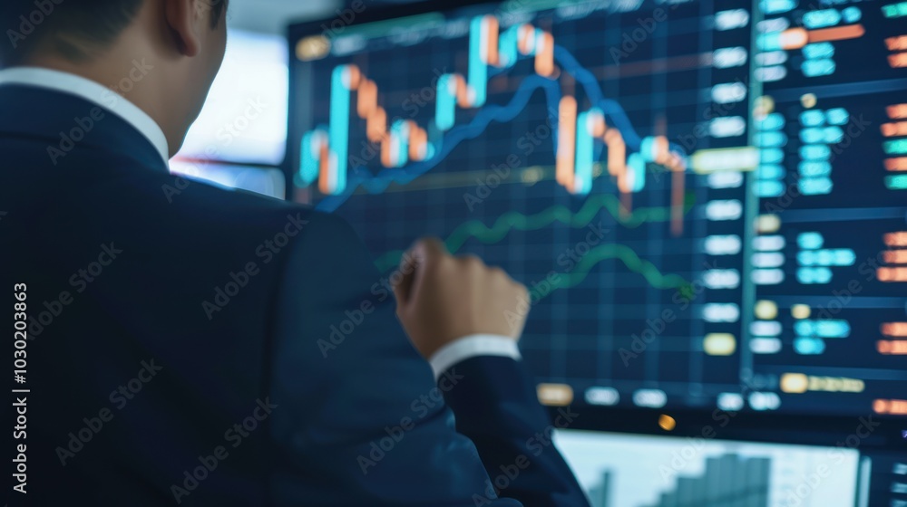 Businessman Analyzing Stock Market Data on Computer Screen Businessman Analyzing Stock Market Data on Computer Screen
