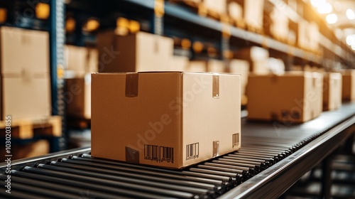 High-tech distribution center with conveyor belts and automated systems moving packages Stock Photo with side copy space