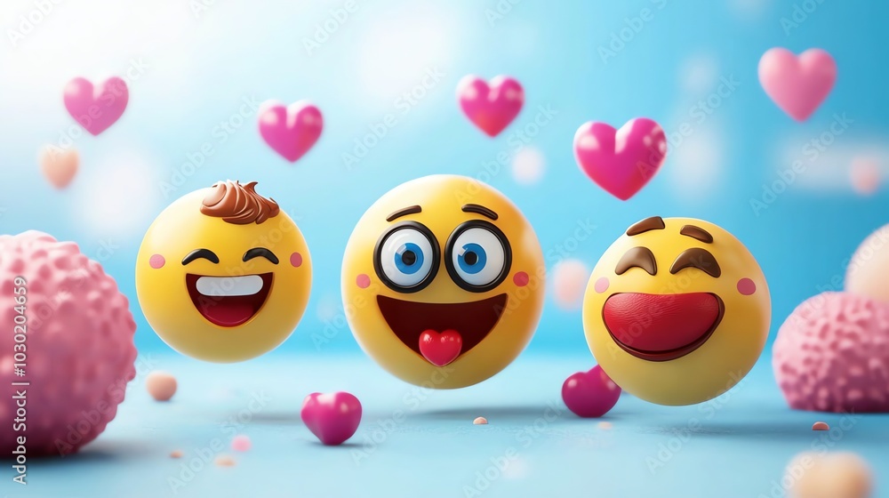 Three emojis, each with a different expression, surrounded by hearts.