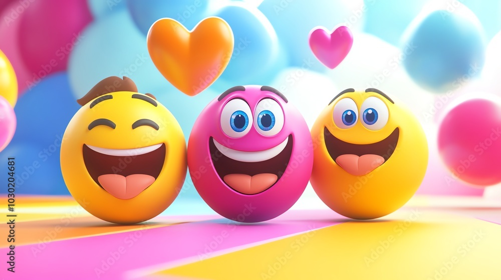 Three emojis, each with a different expression, surrounded by hearts. Three emojis, each with a different expression, surrounded by hearts.