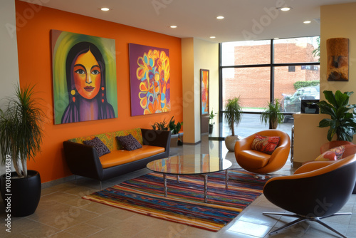 A modern, colorful, and fun waiting room with large wall paintings of happy faces, orange walls, black couches, bright colors, modern chairs, a glass coffee table, a striped rug, and plants.
