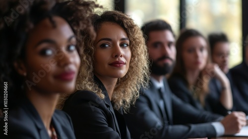 A group of people are sitting at a table in a business meeting, they are all wearing business attire. One woman with blonde curly hair looks directly at the camera.