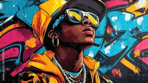 An illustration of a 1980s hip hop album cover design, featuring bold typography, vibrant colors, and graffiti-inspired artwork, with a central figure in classic hip hop attire.