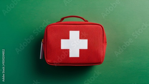 Red first-aid kit with white cross on a green background, isolated emergency medical supply bag for healthcare and safety