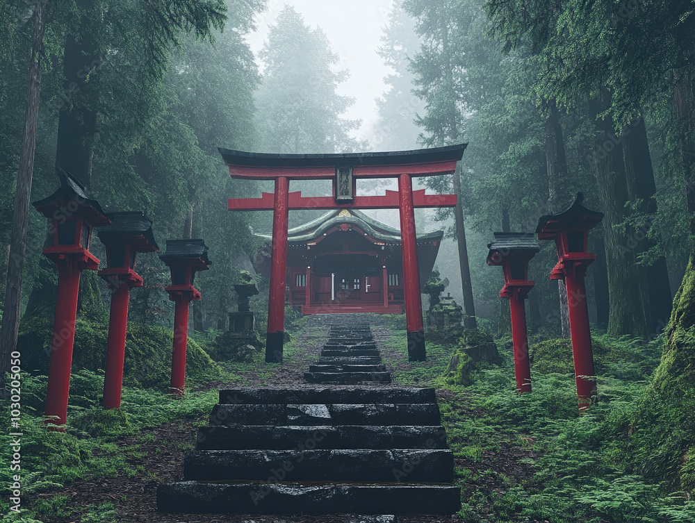 Serene Shinto Shrine in Misty Forest Environment Serene Shinto Shrine in Misty Forest Environment