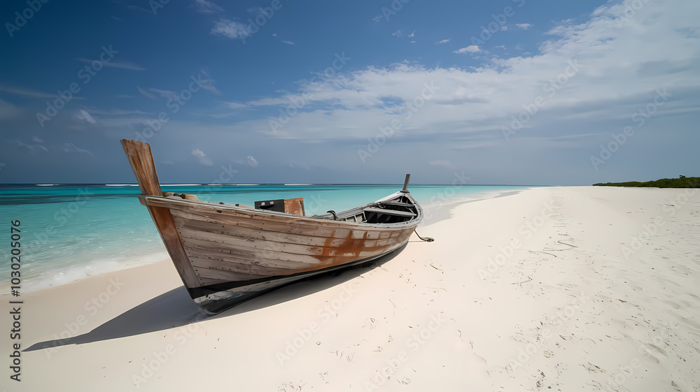 A rustic wooden boat resting on a pristine white sand beach beside crystal-clear turquoise waters under a blue sky.