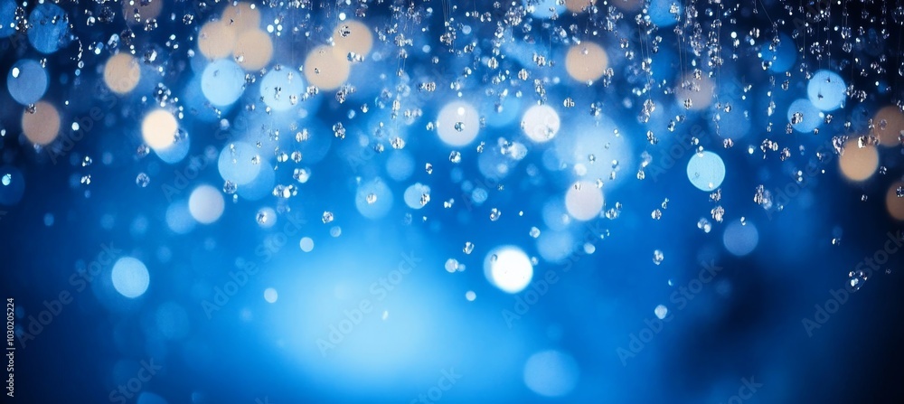 Abstract Festive Background with Sparkling Blue Water Drops, Elegant Glowing Bokeh Lights Abstract Festive Background with Sparkling Blue Water Drops, Elegant Glowing Bokeh Lights
