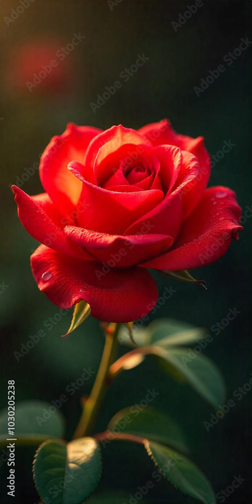 A vibrant red rose with delicate petals in soft natural light, depicting romance and elegance A vibrant red rose with delicate petals in soft natural light, depicting romance and elegance