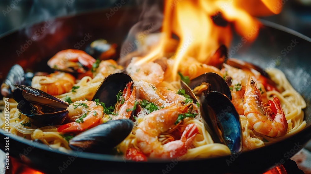 Pasta with shrimp, mussels, squid and parmesan cheese. stir in a frying pan with the fire on Pasta with shrimp, mussels, squid and parmesan cheese. stir in a frying pan with the fire on