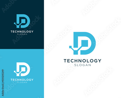 Technology logo. Letter D with technology element vector logo design.