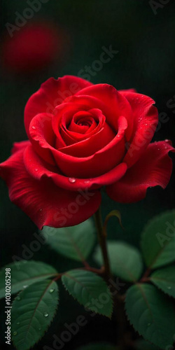 Vibrant red rose in full bloom with dewdrops on petals highlighting natural beauty